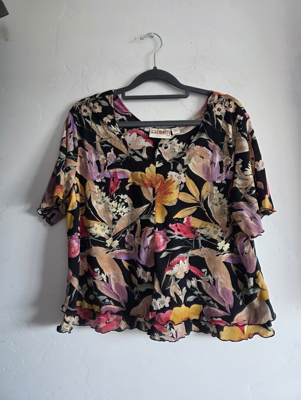Serendipity Black Floral V-Neck Flutter Sleeve Blouse